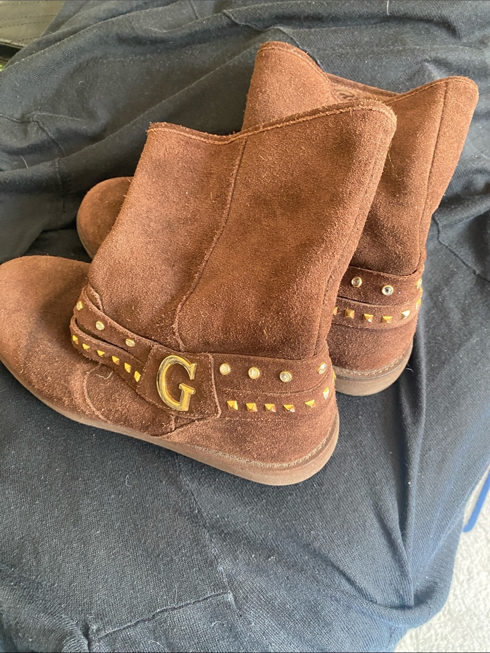 Guess Brown Suede Ankle Boots with Gold G and Stud Detail